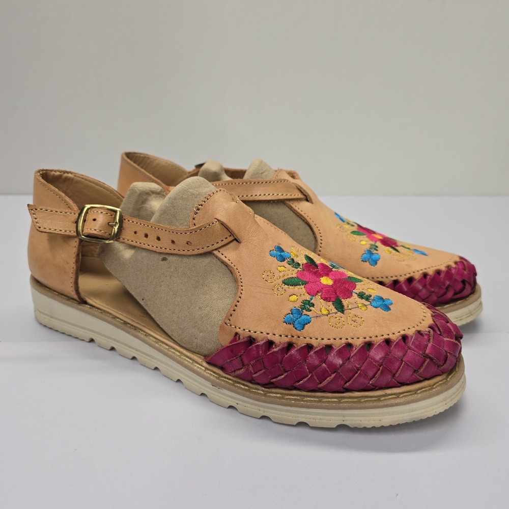 Mexican Huarache Sandals Women 10 Tan Leather Floral Embroidered‎ T-Strap Pink